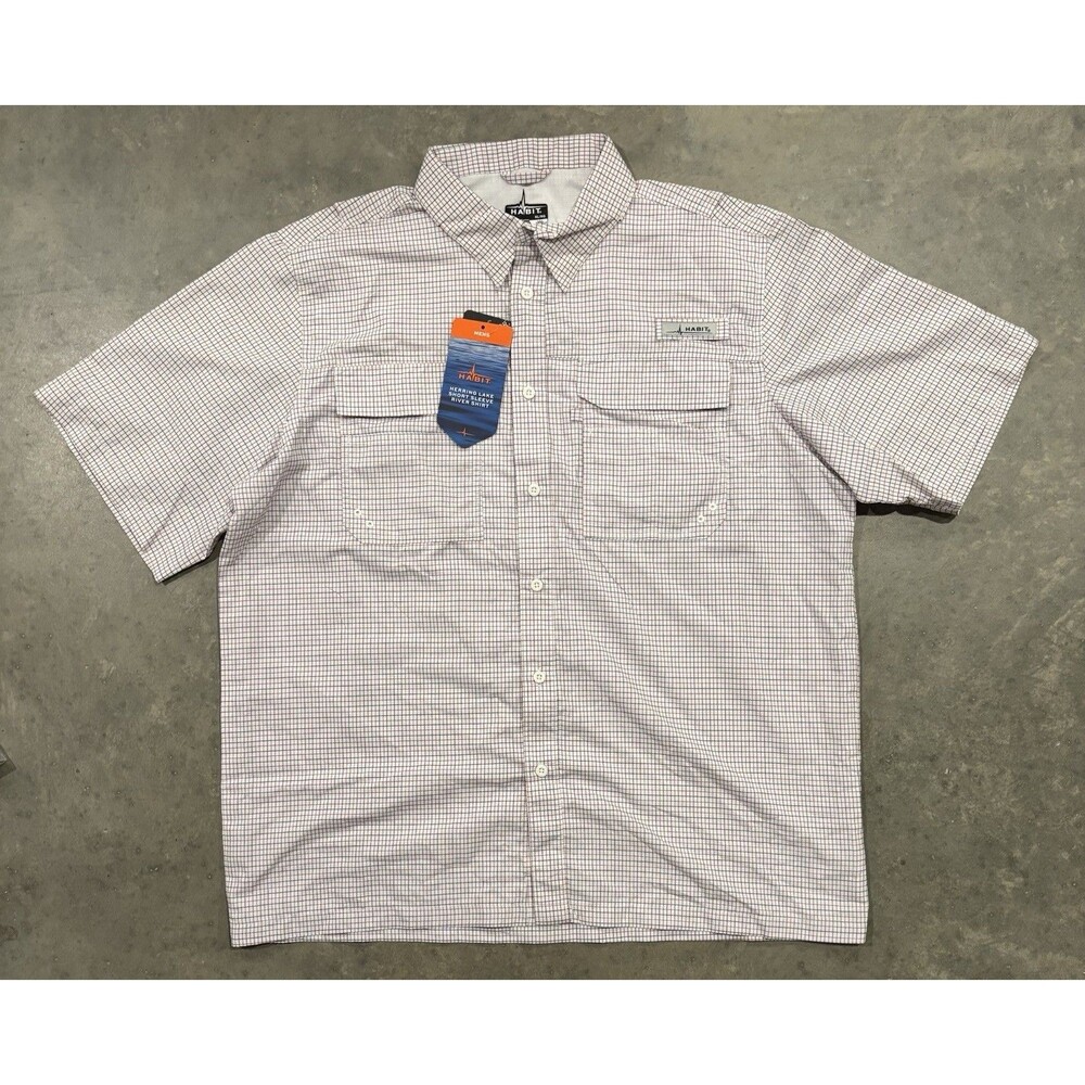 NWT Habit Mens Dockside White Red Blue Check Short Sleeve Fishing Shirt XL